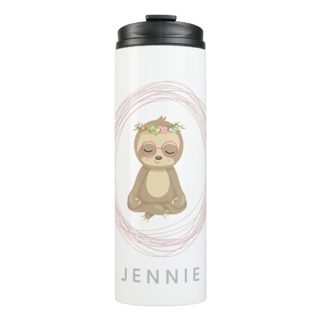 Cute Pink Lotus Yoga Sloth Design Personalised Thermal Tumbler (Front)