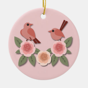 Cute Pink Love Birds and Flowering Roses Ceramic Tree Decoration