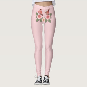 Cute Pink Love Birds and Flowering Roses Leggings
