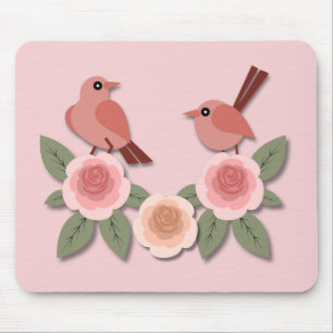 Cute Pink Love Birds and Flowering Roses Mouse Mat