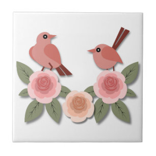 Cute Pink Love Birds and Flowering Roses Tile