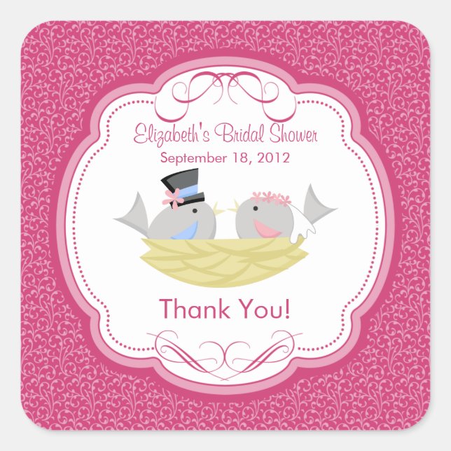 Cute Pink Love Birds Bridal Shower Square Sticker! Square Sticker (Front)