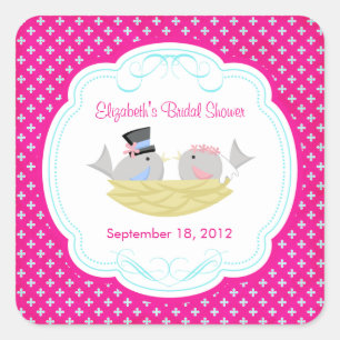 Cute Pink Love Birds Bridal Shower Square Sticker! Square Sticker