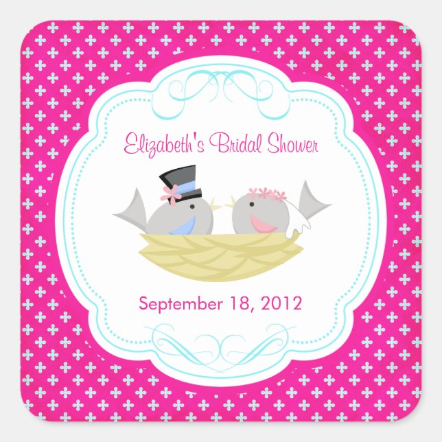 Cute Pink Love Birds Bridal Shower Square Sticker! Square Sticker (Front)