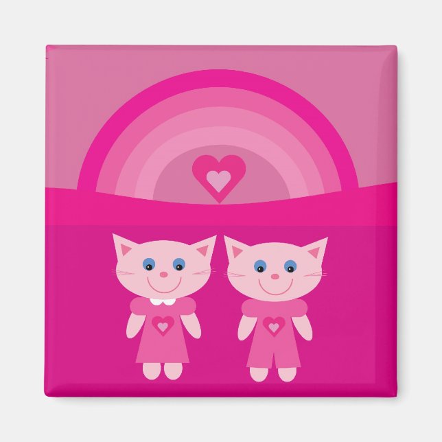 Cute pink love cats & rainbow magnet (Front)