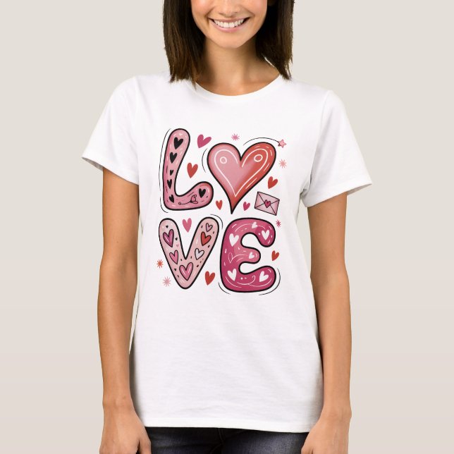 Cute Pink LOVE Lettering Hearts Doodle Valentine T-Shirt (Front)