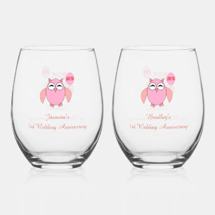 Cute Pink Love You Owl Custom 3rd Anniversary Stemless Wine Glass