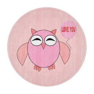 Cute Pink Love You Owl Glass Cutting Board