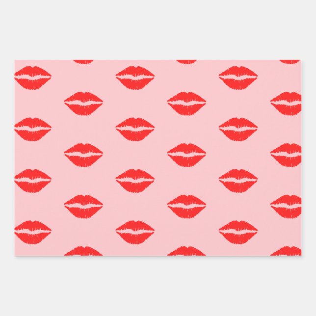 Cute Pink Luscious Red Lips Lipstick Pattern  Wrapping Paper Sheet (Front)