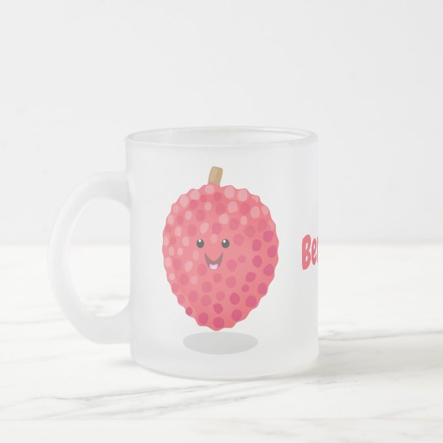 Cute pink lychee cartoon illustration frosted glass coffee mug (Left)