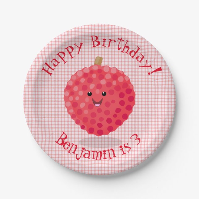 Cute pink lychee cartoon illustration paper plate (Front)