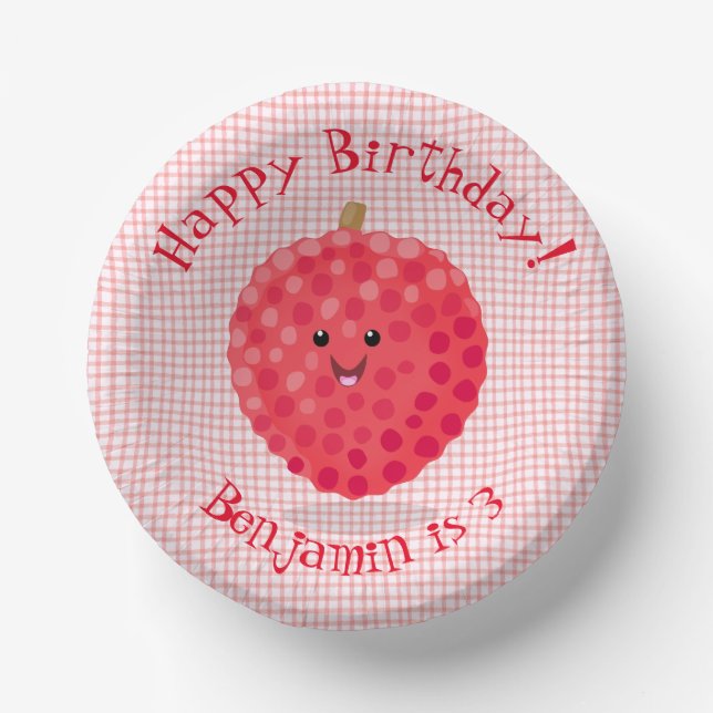 Cute pink lychee cartoon illustration paper plate (Front)