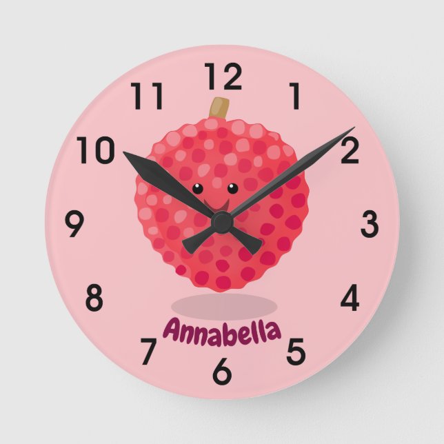 Cute pink lychee cartoon illustration round clock (Front)