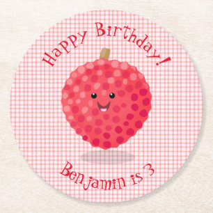Cute pink lychee cartoon illustration round paper coaster
