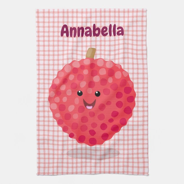 Cute pink lychee cartoon illustration tea towel (Vertical)