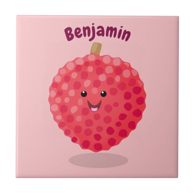 Cute pink lychee cartoon illustration tile (Front)