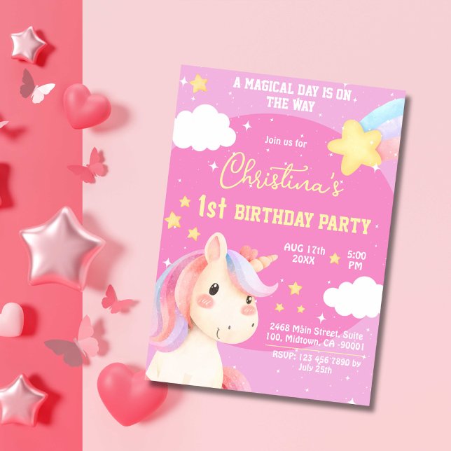 Cute pink magical modern unicorn star 1st birthday invitation (Creator Uploaded)