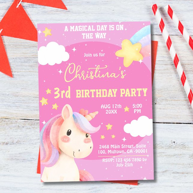 Cute pink magical modern unicorn star 3rd birthday invitation (Creator Uploaded)