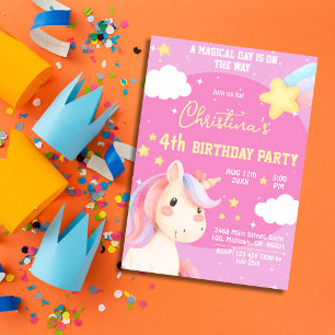 Cute pink magical modern unicorn star 4th birthday invitation