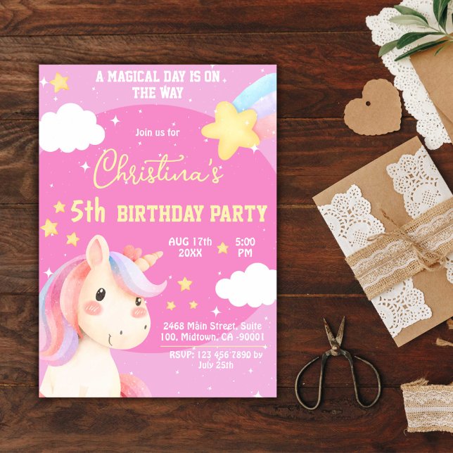 Cute pink magical modern unicorn star 5th birthday invitation (Creator Uploaded)