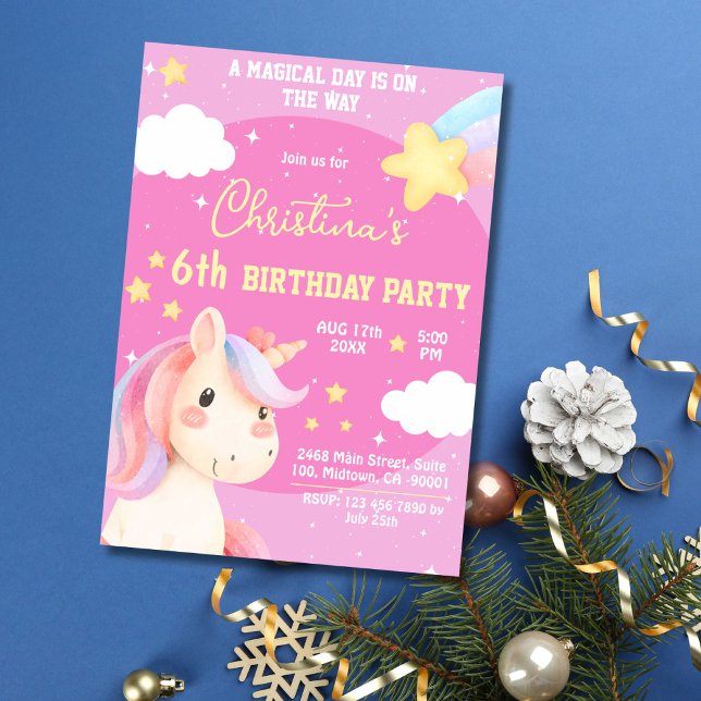 Cute pink magical modern unicorn star 6th birthday invitation (Creator Uploaded)
