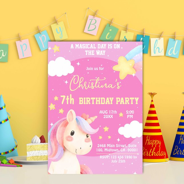 Cute pink magical modern unicorn star 7th birthday invitation (Creator Uploaded)