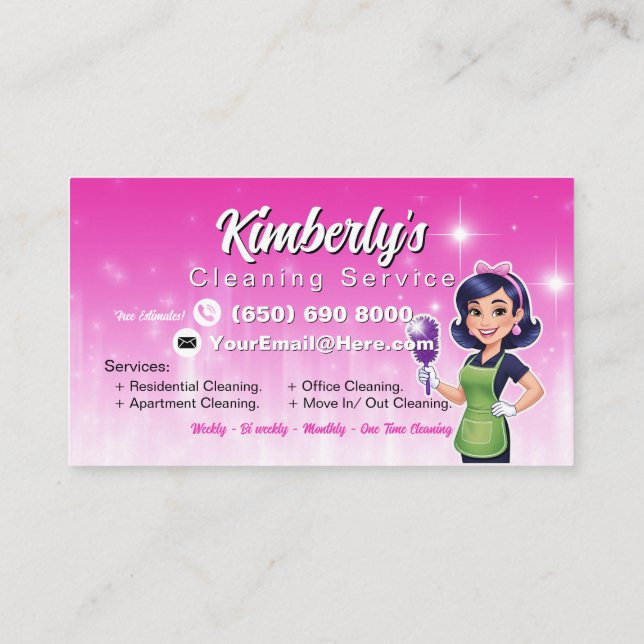 Cute Pink Maid Cleaning Service Janitor Lady Business Card (Back)