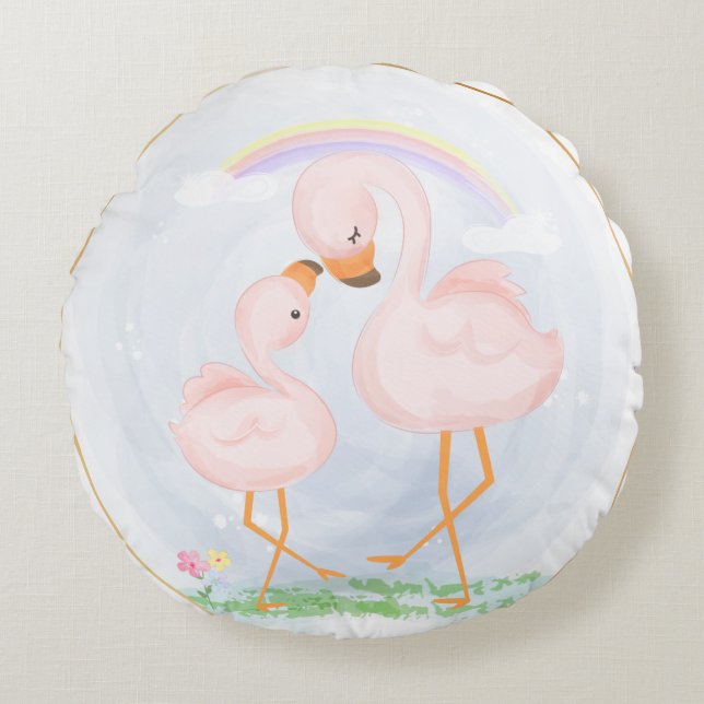 CUTE PINK MAMA AND BABY FLAMINGOS ROUND CUSHION (Front)
