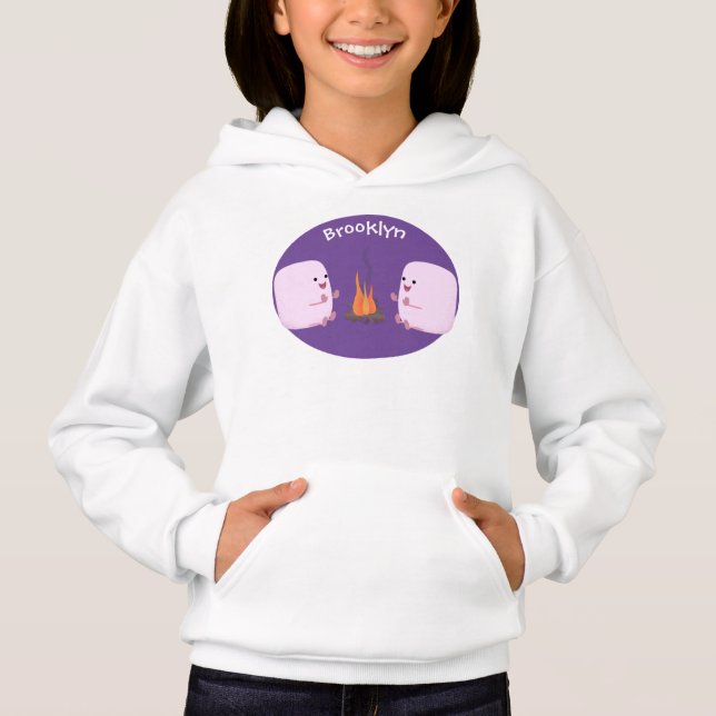 Cute pink marshmallows by camp fire cartoon (Front)