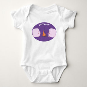 Cute pink marshmallows by camp fire cartoon baby bodysuit