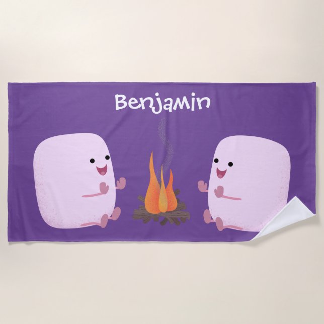 Cute pink marshmallows by camp fire cartoon beach towel (Front)
