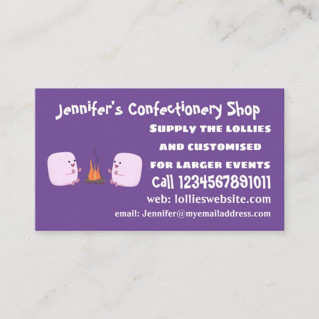 Cute pink marshmallows by camp fire cartoon business card (Front)