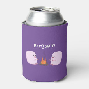 Cute pink marshmallows by camp fire cartoon can cooler