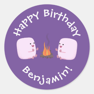 Cute pink marshmallows by camp fire cartoon classic round sticker