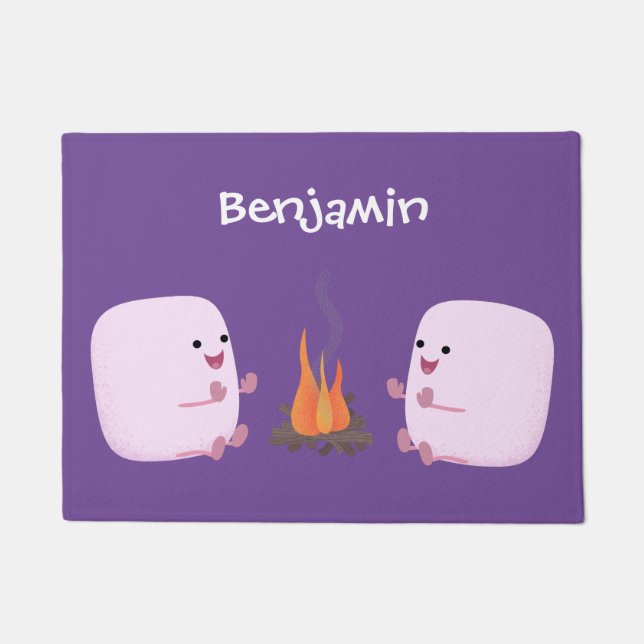 Cute pink marshmallows by camp fire cartoon doormat (Front)
