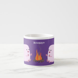 Cute pink marshmallows by camp fire cartoon espresso cup