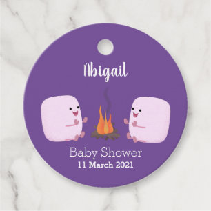 Cute pink marshmallows by camp fire cartoon favour tags
