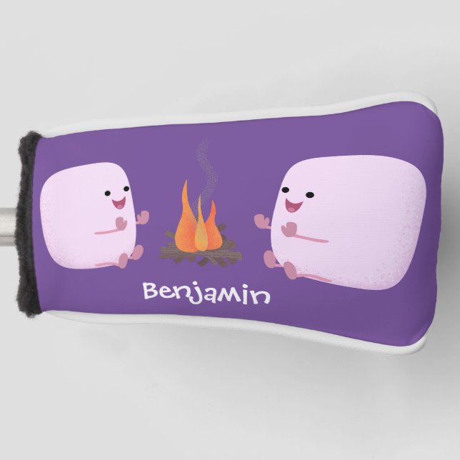 Cute pink marshmallows by camp fire cartoon golf head cover (Front)