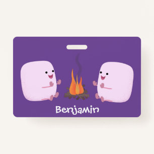 Cute pink marshmallows by camp fire cartoon ID badge