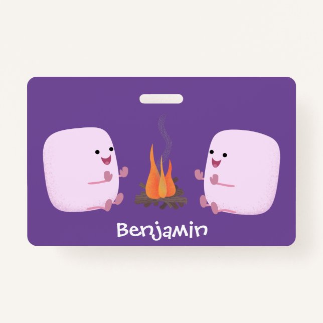 Cute pink marshmallows by camp fire cartoon ID badge (Front)
