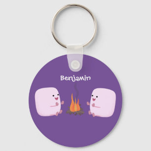 Cute pink marshmallows by camp fire cartoon key ring