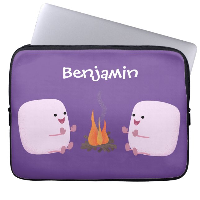 Cute pink marshmallows by camp fire cartoon laptop sleeve (Front)