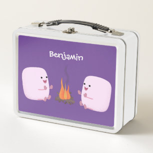 Cute pink marshmallows by camp fire cartoon metal lunch box