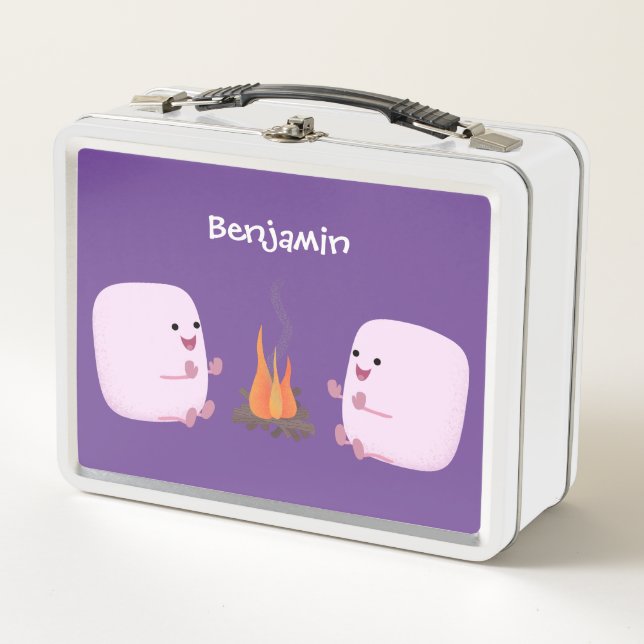 Cute pink marshmallows by camp fire cartoon metal lunch box (Front)