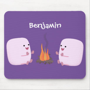 Cute pink marshmallows by camp fire cartoon mouse mat