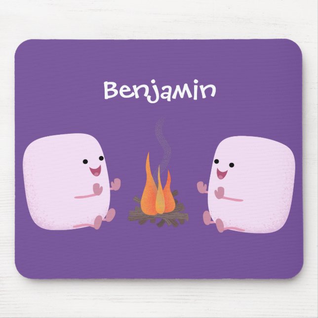Cute pink marshmallows by camp fire cartoon mouse mat (Front)