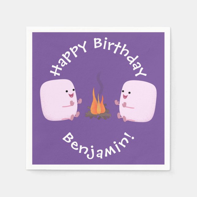 Cute pink marshmallows by camp fire cartoon napkin (Front)