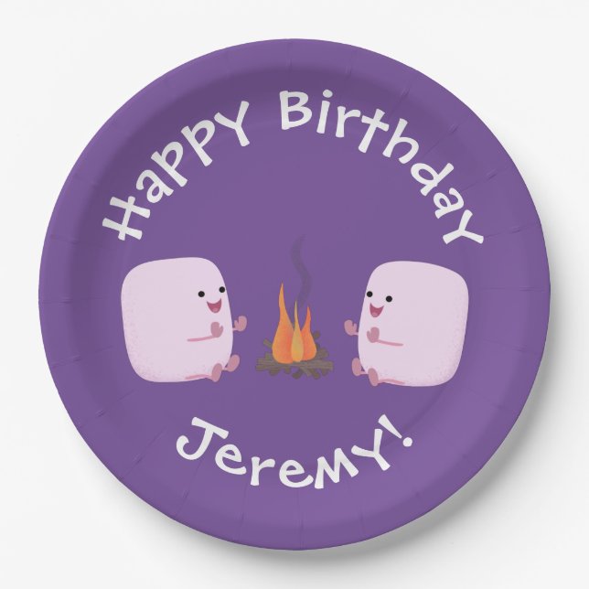 Cute pink marshmallows by camp fire cartoon paper plate (Front)