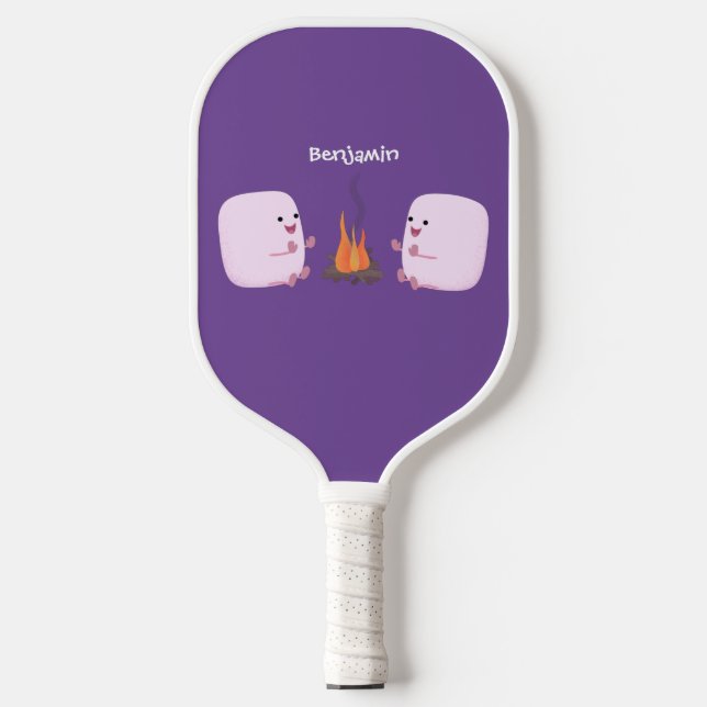 Cute pink marshmallows by camp fire cartoon pickleball paddle (Front)