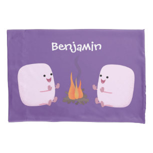 Cute pink marshmallows by camp fire cartoon pillowcase